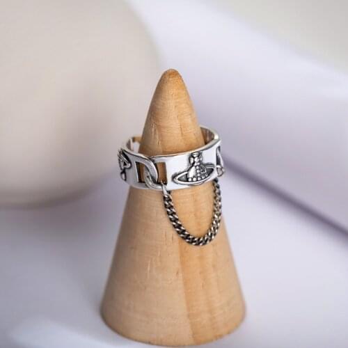 New 2021 Retro Saturn Chain Ring Planet Rings Silver Color Braided Chain Locomotive Cool Girl Adjustable Opening Finger Ring