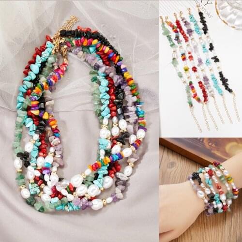 New Arrival Irregular Necklace/Bracelet Jewelry Sets Womens Natural Stone Gravel Pearl Neck Chain Necklace/Bracelet Jewelry Sets