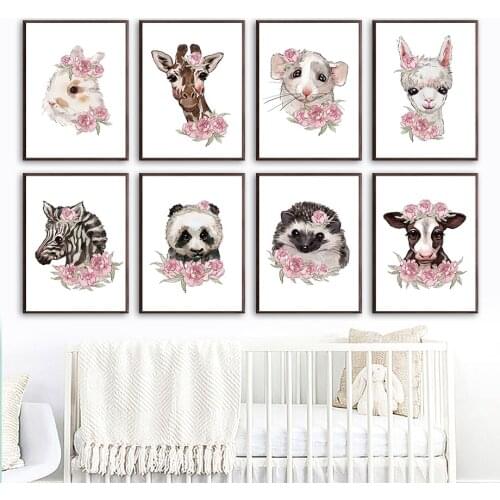 Panda Llama Zebra Deer Rabbit Hedgehog Flower Wall Art Canvas Painting Nordic Posters And Prints Wall Pictures Kids Room Decor