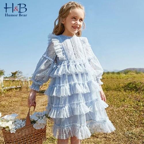 Humor Bear Girls Dress New Autumn Long Puff Sleeve Pleated Dresses Spring Mesh Yarn Cake Midi Tutu Dress For 4-13Y