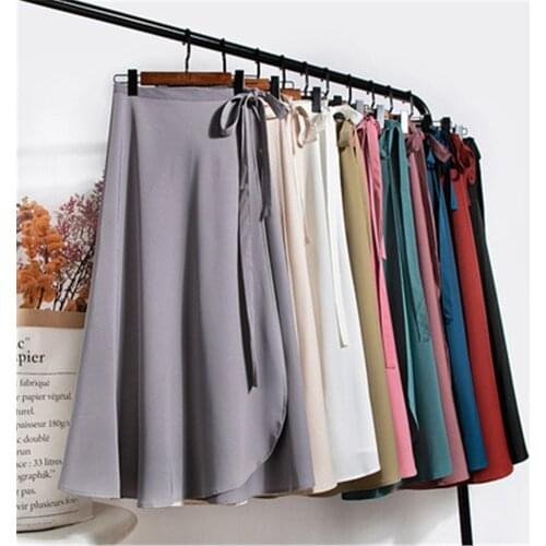 Korean Summer Skirts Womens 2021 New High Waist Side Tie Beach Casual Wrap Skirt Women Solid Elegant Midi Skirt Woman Clothes