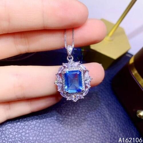 Fine Jewelry 925 Pure Silver Inlaid Natural Swiss Blue Topaz Girl Luxury Noble Rectangle Chinese Style Gem Pendant Necklace Supp