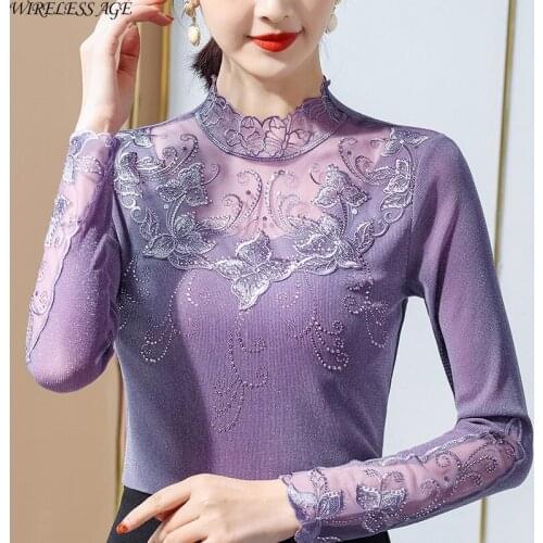 WIRELESS AGE T Shirt Women Long Sleeve Round Neck Embroidered Flower Lace Plus Size Commute Womens Tops New Summer Fashion Wild