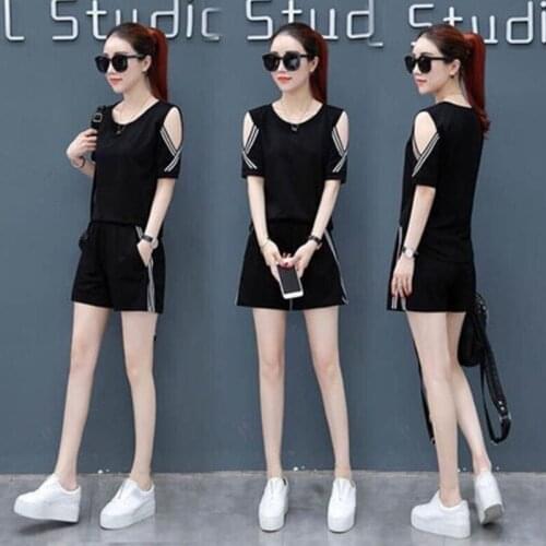 Womens Summer Clothes Casual Fashion Outfits Student Loose Off Shoulder Short Sleeve T-shirt And Shorts Two Piece Set For Women