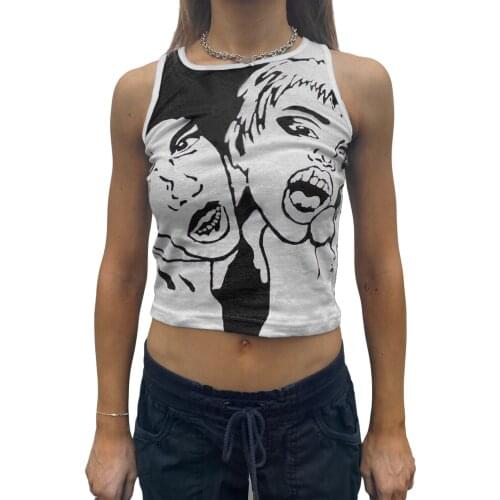 Womens Summer Sexy Retro Camisole Y2K Retro Human Head Printing Round Collar Sleeveless Tops 90s Slim Base Shirt