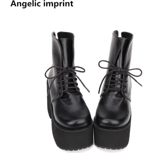 Angelic imprint mori girl Women motorcycle shoes lady high heels lolita punk boots woman princess dress pumps lace up 33-47 10cm