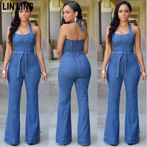 LINLING Summer Womens Denim Jumpsuit Sexy High Waist Wide Leg Long Pants Romper Front Lace Up Jeans O-neck Overalls 2021