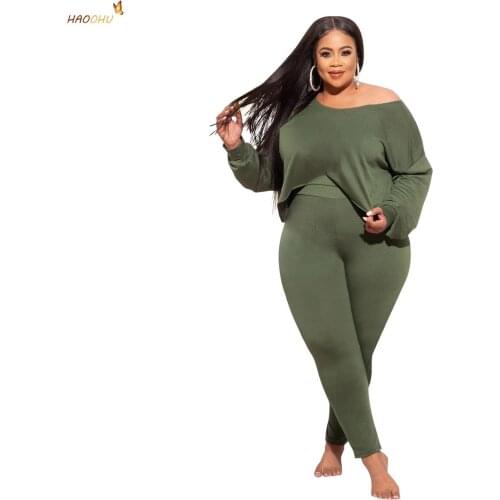 HAOOHU Womens Clothing Plus Size Sets 2 Piece Suit 2021 Autumn Diagonal Collar Long Sleeve Irregular Top Leggings Casual Urban