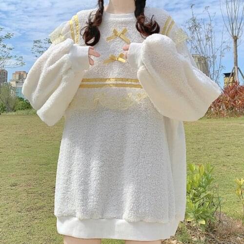 2020 New Winter Kawaii Sweet Bow Collar White Sweatshirt Women Lace Lambswool Pullover Japanese Cute Fairy Full Sleeve Sweatshir