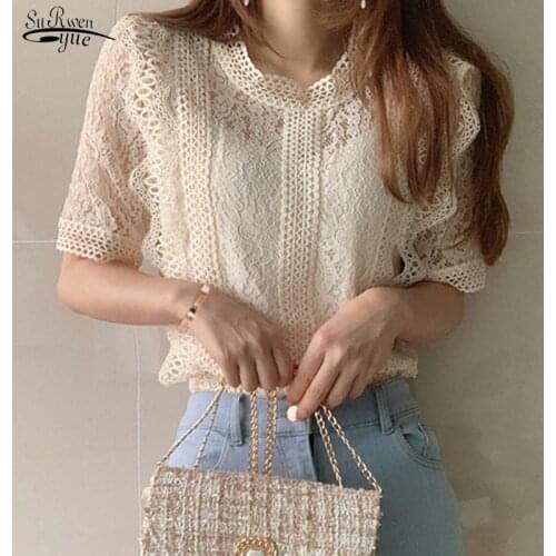 2021 Summer Crochet Hollow Ladies Shirts Lace Loose Temperament Woman Blouses New Style All-match Female Top Camisas Mujer 15652