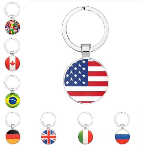 Flag United States United Kingdom Russia Spain Keychain Glass Cabochon Jewelry Keychain Ring Lady MenS Pendant Souvenir Gift