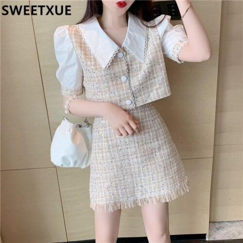 SWEETXUE Summer Women Temperament Pink Plaid Two-Piece Suit Tweed Patchwork Single-Breasted Blouse +Tassel Mini A-line Skirt Set