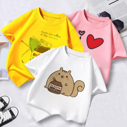 Unisex Summer Childrens Clothing Boys And Girls T-Shirt Cartoon Chocolate Childrens Aesthetic White Short-Sleeved Round Neck