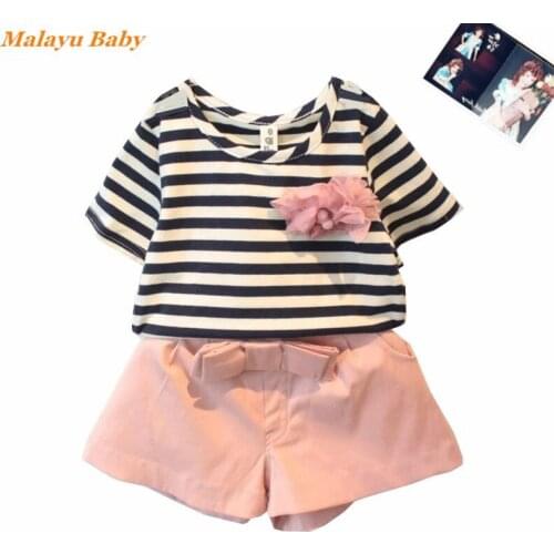 Malayu Baby Girls Casual Costume Set Striped Short Sleeve T-Shirt Solid Color Pants 2Pcs Childrens Clothing 2-6 Years