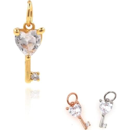 Micropavé CZ Heart-Shaped Key Pendant, Exquisite Charm, European Key Necklace, DIY Jewelry Accessories, 15.2x5.5x2.7mm