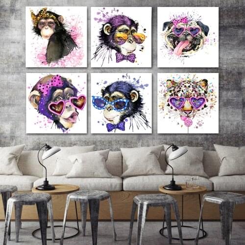 Cute Orangutan Monkeys Cool Sunglasses African Animals Watercolor Painting on Canvas Abstract Gorilla Dog Leopard Posters Art