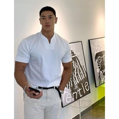 Muscleguys Brand Clothing Fashion V neck Short Sleeve T Shirt Men Slim Fit T-shirt Men Sport Casual Summer Gym Fitness Tee shirt