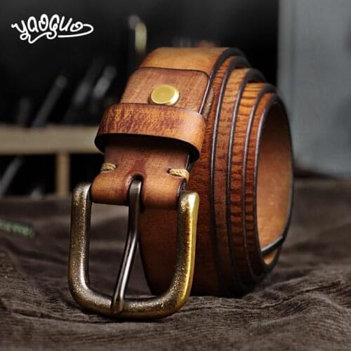 Retro Top Cow Leather Mens Belt Handmade Genuine Leather Copper Buckle Strap Male Jeans Cowboy
