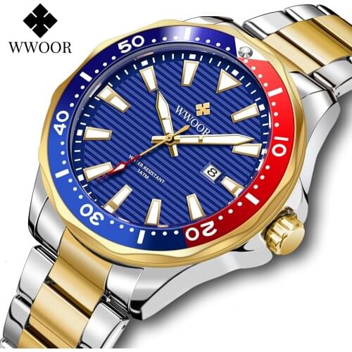WWOOR 2021 New Luxury Gold Full Steel Watches Men Sports Diving Quartz Luminous Waterproof Military Wristwatch Relogio Masculino