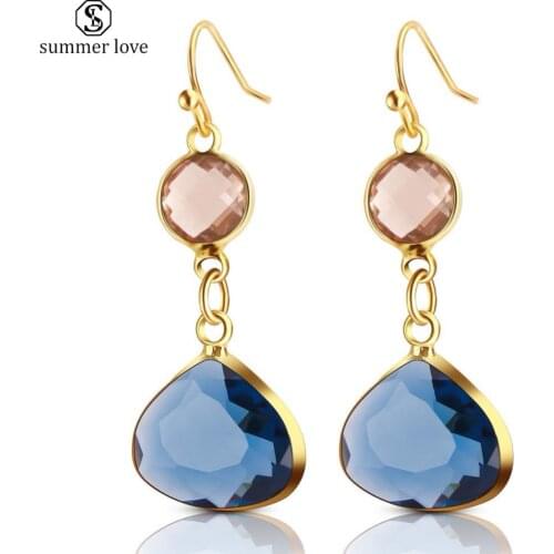 New Womens Fashion Crystal Earrings Rhinestone Blue/Pink Glass Black Copper Sweet Metal Ear Earrings For Girl Gift