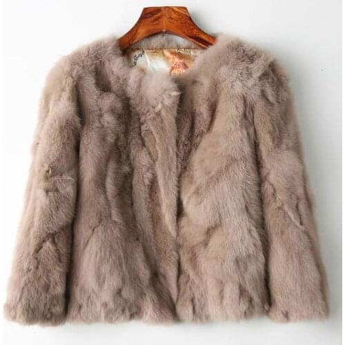 Genuine Full Pelt Fur Jacket Womens Design Rabbit Fur Coat Natural Wholeskin Fur Coat O-Neck Fashion Slim Thin Rabbit Fur Coat