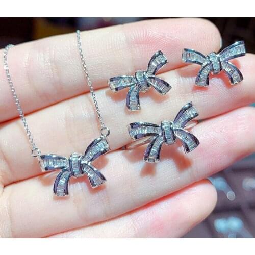 Cute Female Crystal Bowknot Jewelry Set Charm Silver Color Stud Earring For Women Dainty Zircon Wedding Ring Chain Necklace