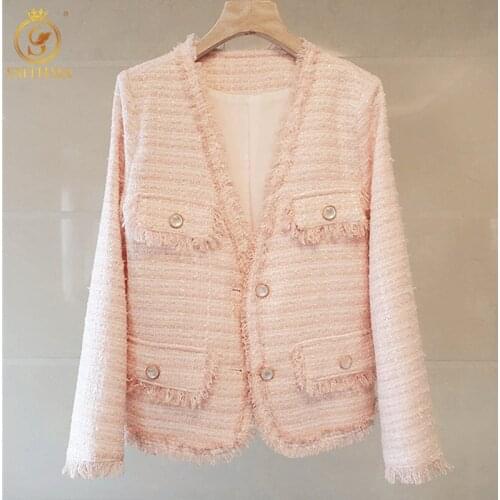 SMTHMA Women 2021 New Fashion Office Wear Single-Breasted Tweed Coat Vintage Long Sleeve Tassel Female Outerwear Chic Tops