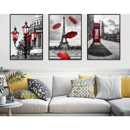Modern Home Decoration Poster Red Umbrella Telephone Booth Black and White Iron Tower Landscape Canvas Painting Photo Wall Art