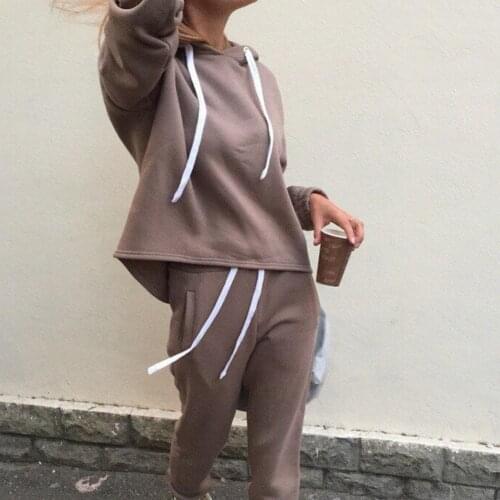 2Pcs/Set Sports Women Solid Color Drawstring Hooded Sweatshirt Pants Tracksuit casual street wear clothes lady suit set autumn