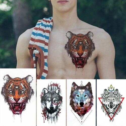 Ferocious Tiger Temporary Tattoos Sticker For Men Boys Watercolor Tattoos Paste Realistic Fake Tribal Geometric Wolf Tatoos DIY