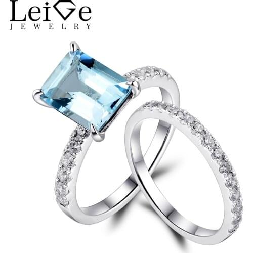 Leige Jewelry Engagement Rings Set Emerald Cut Aquamarine Ring Blue Gemstone Sterling Silver Fine Jewelry Rings for Women