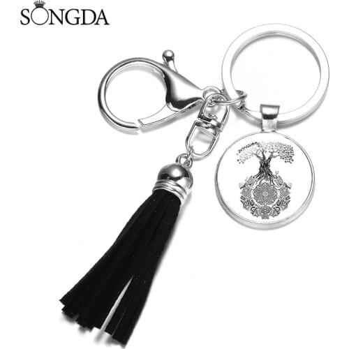 Vintage Tree Of Life Yggdrasil With Triquetra Symbols Poster Leather Tassel Keychain Cartoon Dome Key Chain Gift for Women Men