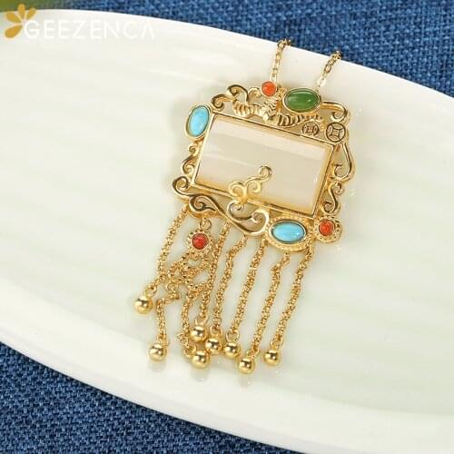Vintage 925 Sterling Silver Hetian Jade Tassel Gold Plated Pendant Fine Jewelry Women Royal Style Necklace Pendant Without Chain