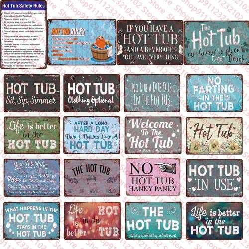 Vintage Welcome To The Hot Tub Tin Sign Metal Poster Hot Tub Rules Metal Plaque Pub Bar Club Decoration Rule Wall Art Plate