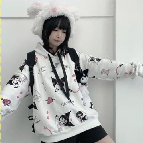 Japanese Cartoon Kuromies kawaii Tops Full Print Sweater Female Harajuku Girl Hooded Loose Korean Student Jacket Black Hoodies
