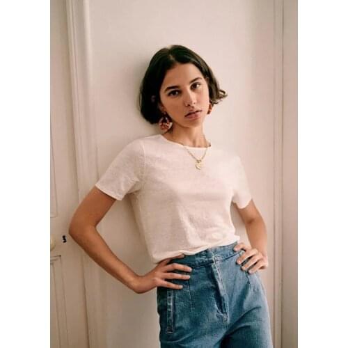 Women T-shirt 2021 Spring and Summer New Womens Solid Color Hollow Embroidery V-neck Short-sleeved T-shirt