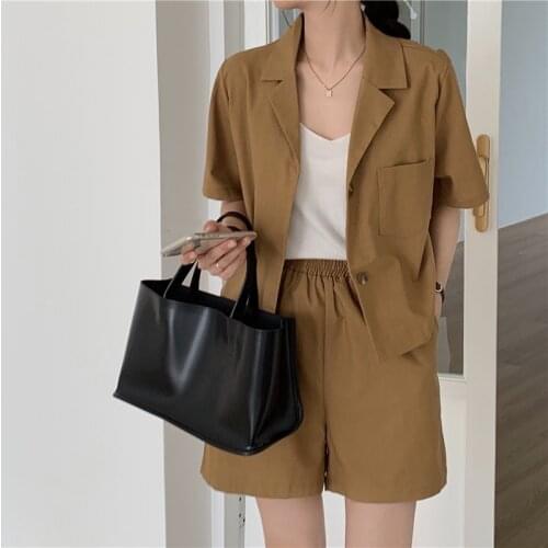 Womens Summer Suit Casual Shorts Set Female Outfit Two-Piece Set Pure Color Blazer Elastic Waist Shorts