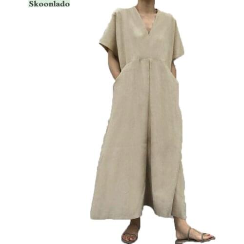 Plus size 5XL Women V-neck akimbo casual jumpsuit oversize fashion comfortable cotton linen wide-leg one-piece trousers skirt