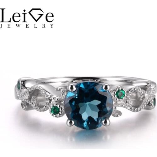 LeiGe Jewelry Real London Blue Topaz Rings Engagement Rings November Birthstone Round Cut Blue Gems 925 Sterling Silver Gifts