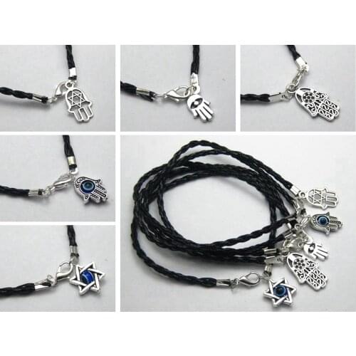 10 Kabbalah Blue Eye Hamsa Hand Charms Black Leather Braided Good Luck Bracelet