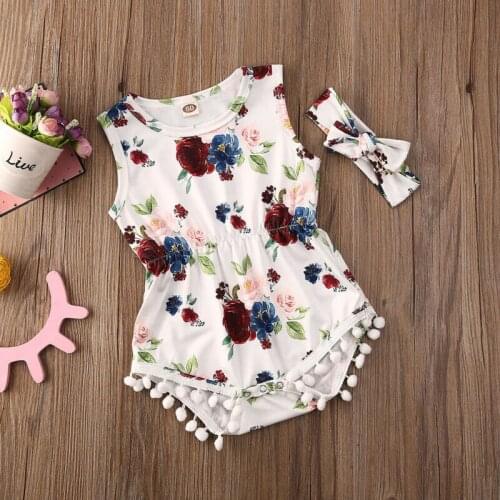 2020 Summer Newborn Infant Kids Baby Girls Floral Bodysuits Jumpsuits Playsuit Fashion Sleeveless Tassle Clothes 2Pcs Beachwear