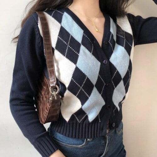 2021 Vintage Knitted Spring Summer Cardigan V Neck Argyle Brown Sweater 90s Style Women Sweater Long Sleeve Top Clothes