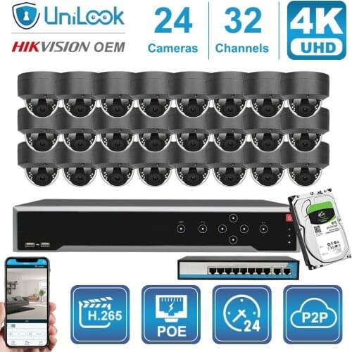 24CH 4K 8MP POE IP Camera Gray NVR Kit Outdoor CCTV Surveillance OEM Hikvision DS-7732NI-I4/16P Customized Plug&Play System