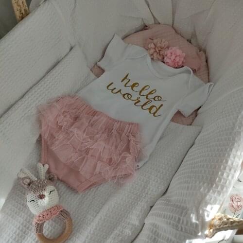 Hello World Baby Newborn Baby Girl Clothes Outfits 3PCS Infant Clothes Girl Romper Tops Baby Baptism Clothing 0 3 6 9 12 18M