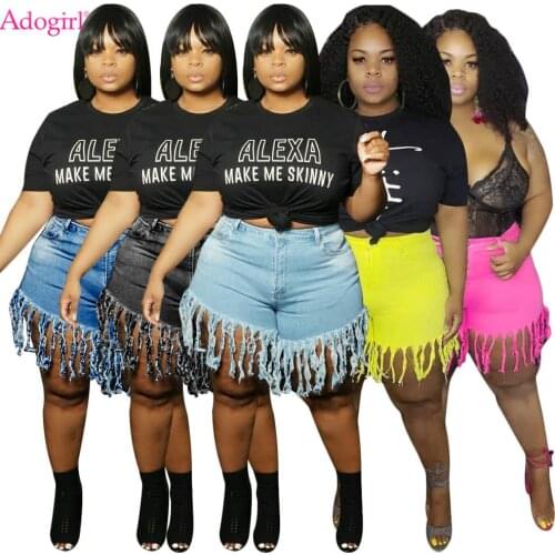 Adogirl Solid Tassel Jeans Plus Size L-4 XL Casual Fringed Sanded Denim Shorts Fashion Casual Straight Short Pants Outdoor Wear