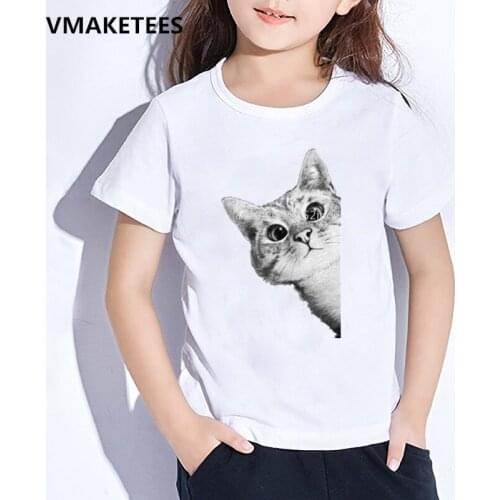 Kids Summer Short Sleeve Girls & Boys Funny T shirt Children Sneaky Cat Print T-shirt Casual Comfortable Baby Clothes,HKP2318