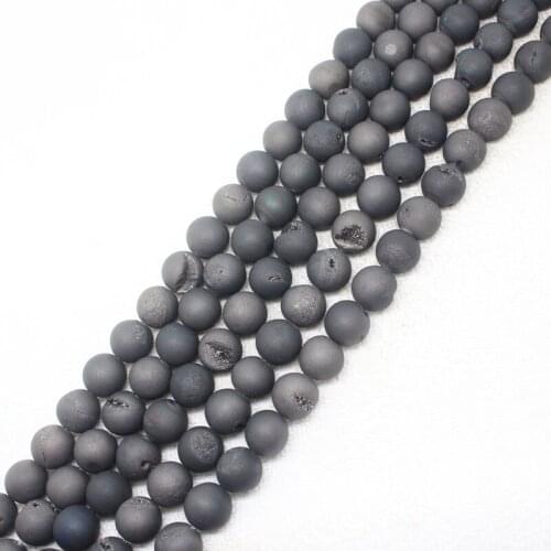 8mm -12mm Smile Black Metallic Coated Druzy Agates Round Stone DIY For Necklace or Bracelet Loose Beads Strand 15"