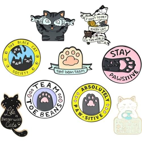 Kitten Enamel Brooch Black cat Society claw footprint absolutely stay pawsitive Cute animal Lapel Pin Bag clothes Fun Badge