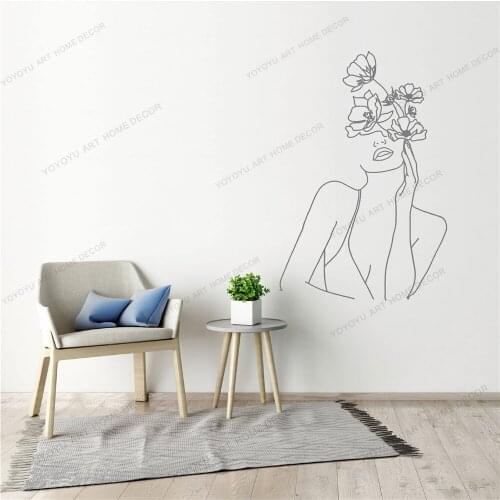 Women And Flower Line Draw Art Wall Sticker For Home Decor Living Room Valentines Removable Murals Wallpoof CX1417