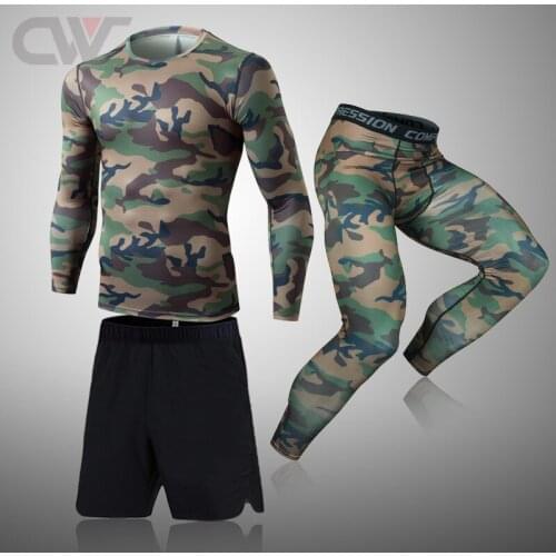 3 piece set Camouflage Men Compression set MMA Running T-shirt Mens Tight Pants Fitness Bodybuilding Clothes Sport Suit